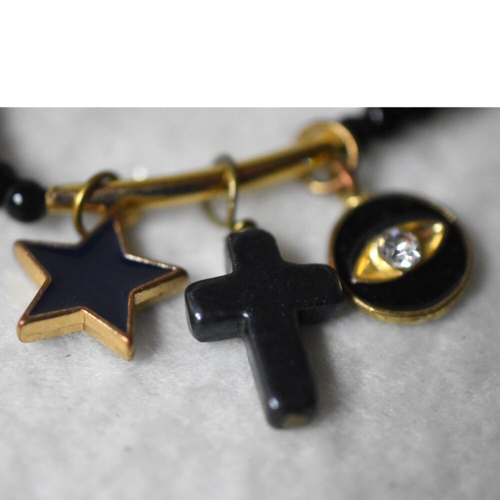 Trendy Unisex Black Seed Beaded Stretch 5" Star/Cross/Evil Eye Charm Bracelet